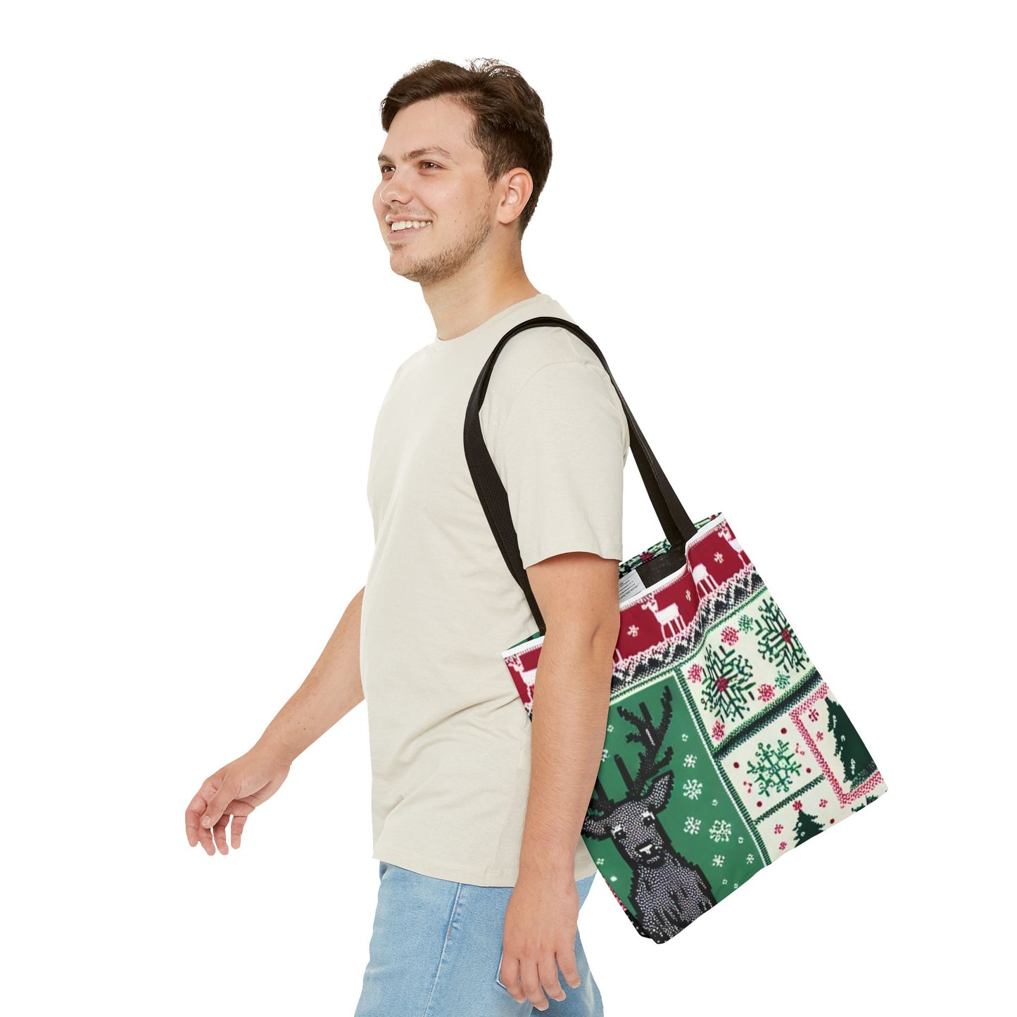 Festive Holiday Reindeer Tote Bag - Ugly Sweater Pattern (Multiple Sizes)