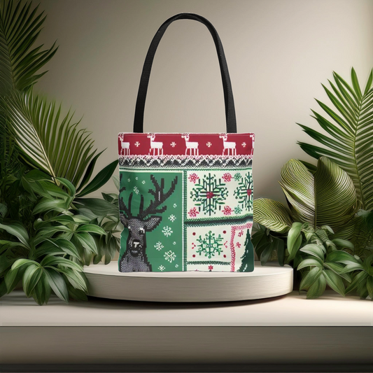 Festive Holiday Reindeer Tote Bag - Ugly Sweater Pattern (Multiple Sizes)