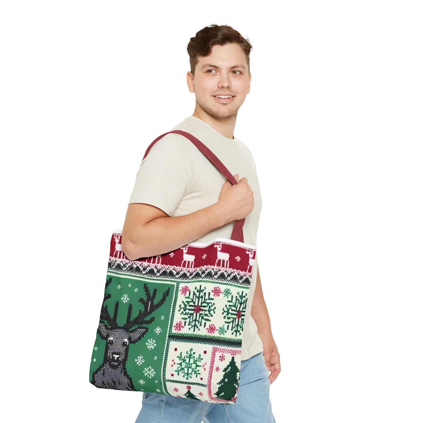 Festive Holiday Reindeer Tote Bag - Ugly Sweater Pattern (Multiple Sizes)