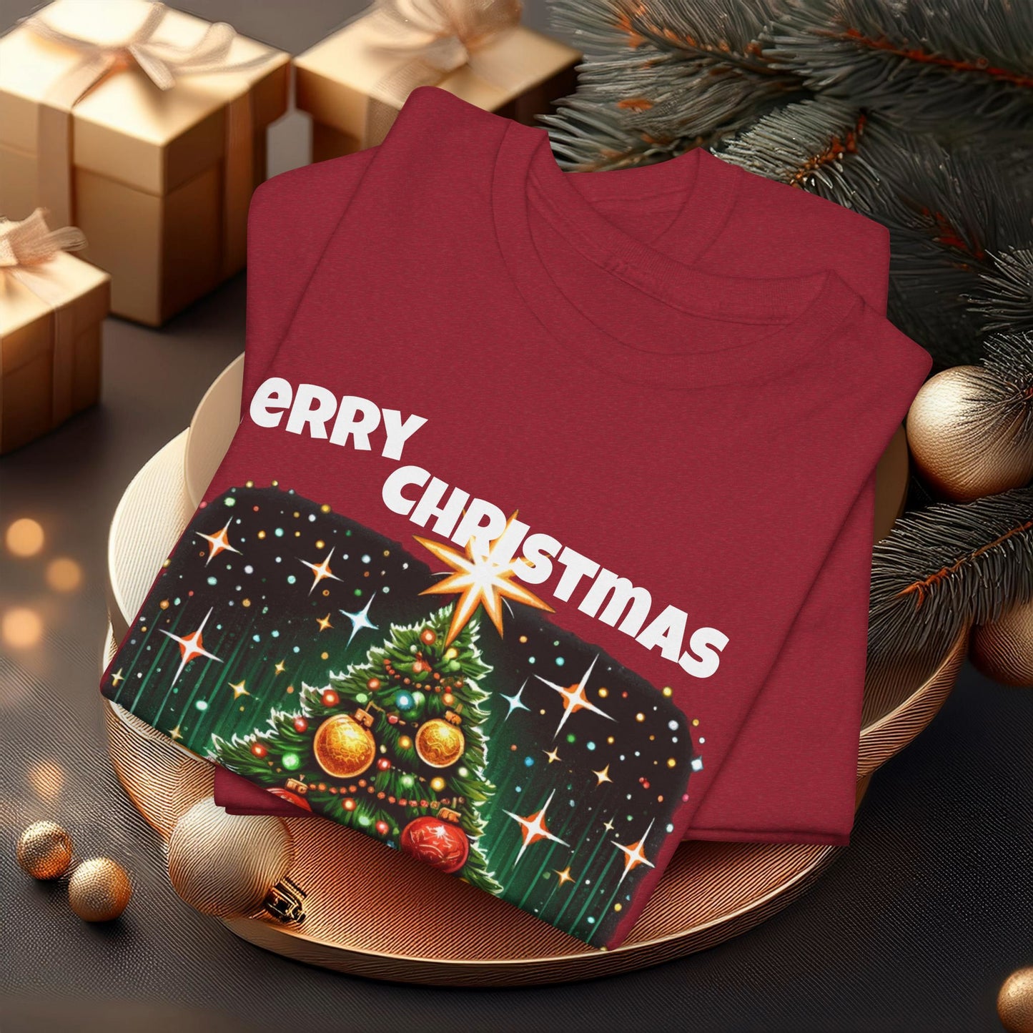 Festive "Merry Christmas" Tree Graphic T-Shirt – Holiday Special Unisex Heavy Cotton Tee