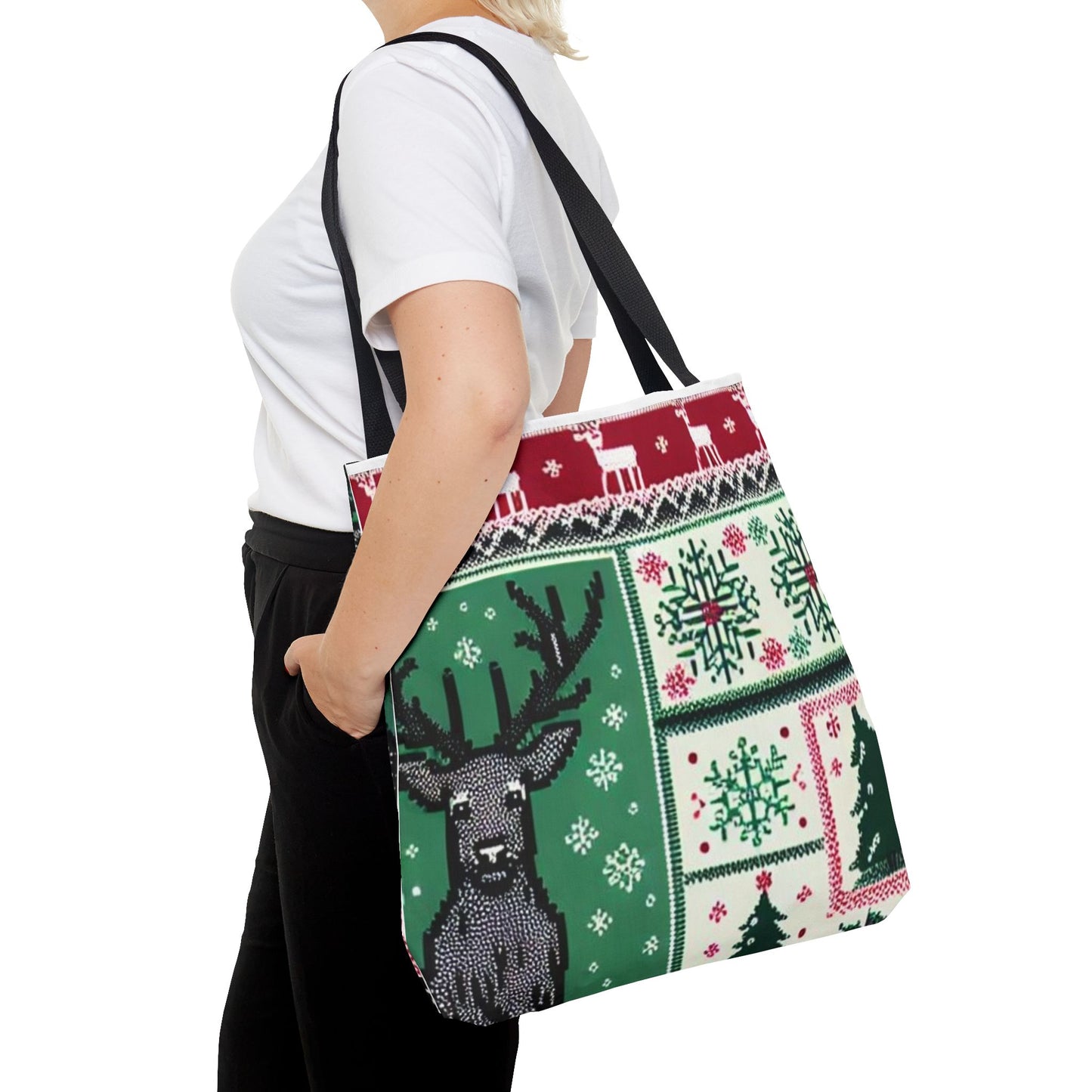 Festive Holiday Reindeer Tote Bag - Ugly Sweater Pattern (Multiple Sizes)