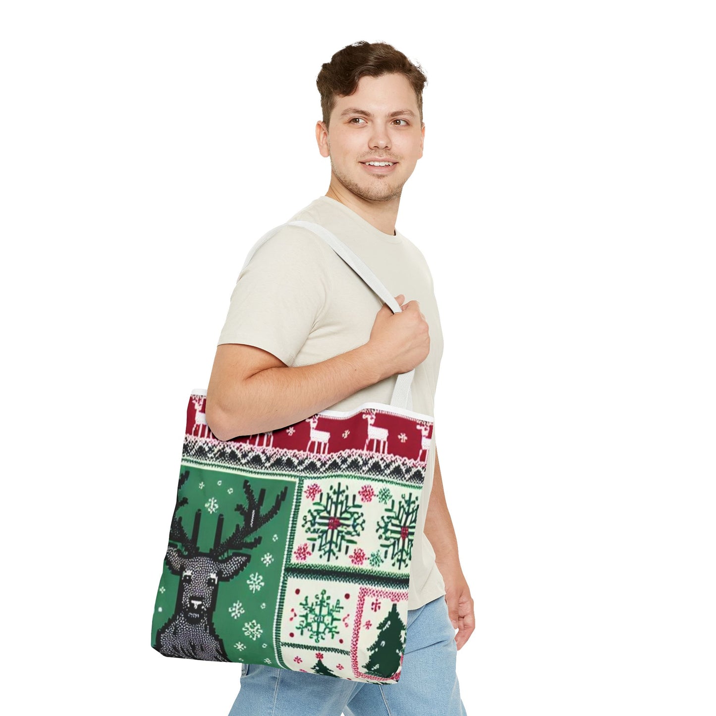 Festive Holiday Reindeer Tote Bag - Ugly Sweater Pattern (Multiple Sizes)