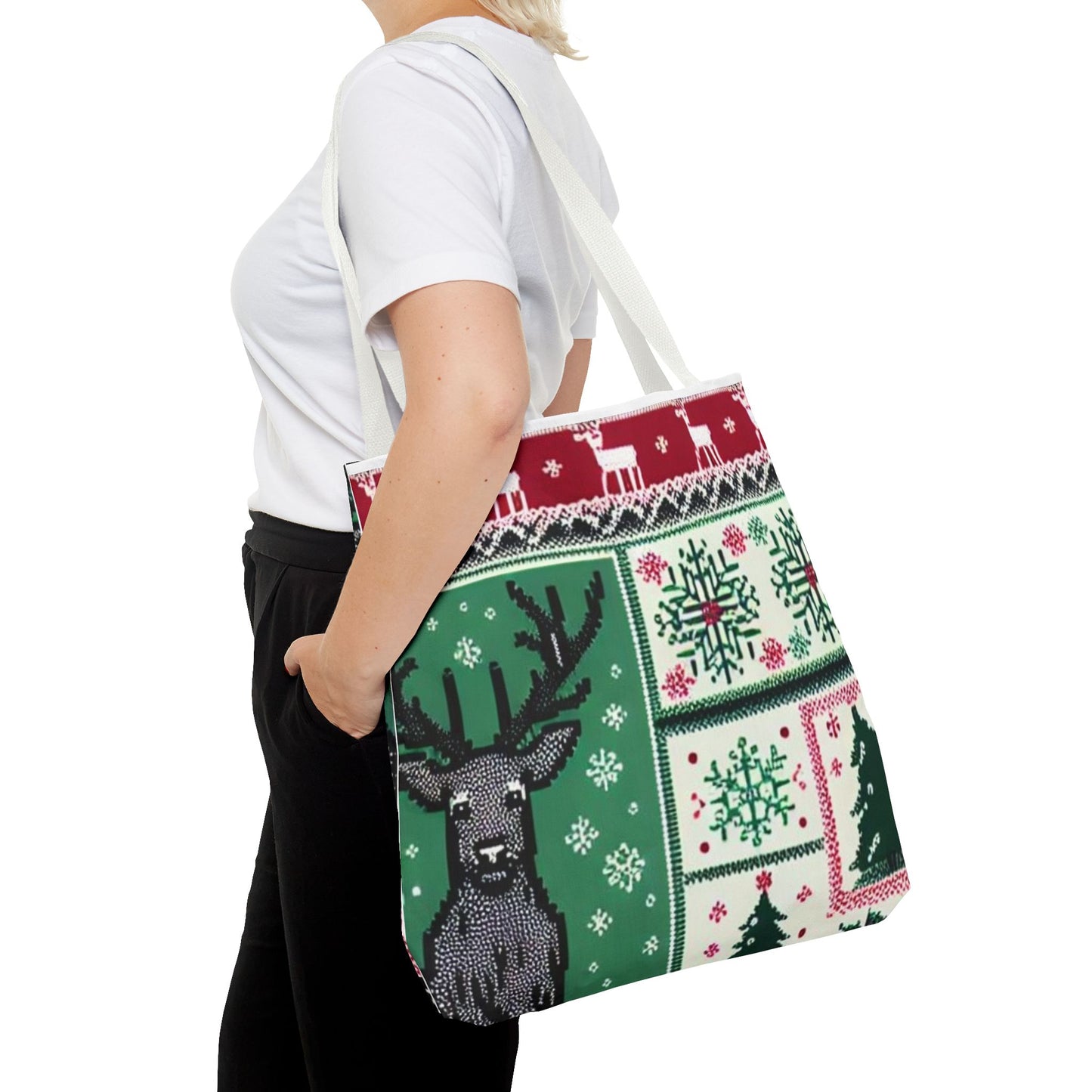 Festive Holiday Reindeer Tote Bag - Ugly Sweater Pattern (Multiple Sizes)