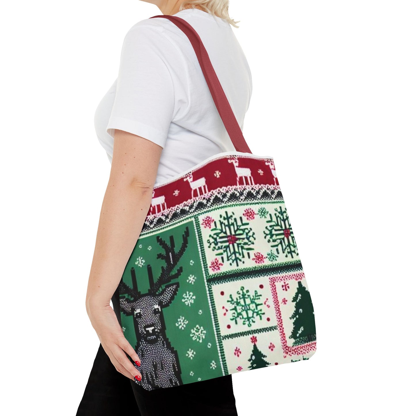 Festive Holiday Reindeer Tote Bag - Ugly Sweater Pattern (Multiple Sizes)