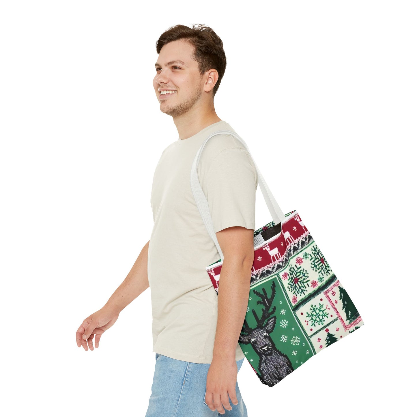 Festive Holiday Reindeer Tote Bag - Ugly Sweater Pattern (Multiple Sizes)