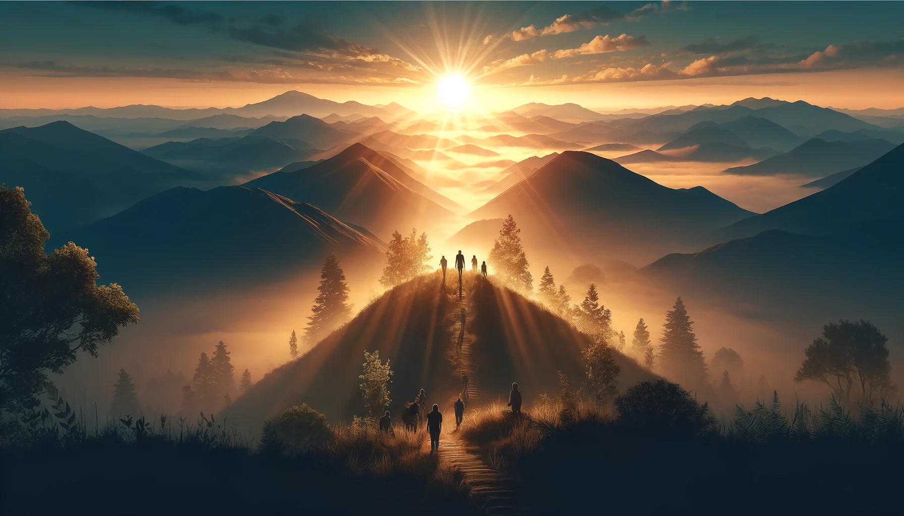 An inspirational website banner showing a group of individuals walking up a path towards the summit of a mountain at sunrise. The sun casts a radiant glow that illuminates the mountainous landscape, with rays piercing through mist and silhouetting the climbers. The scene, set against a backdrop of layered mountains and a dawning sky, evokes a sense of new beginnings, personal growth, and the journey towards achieving one's highest potential.